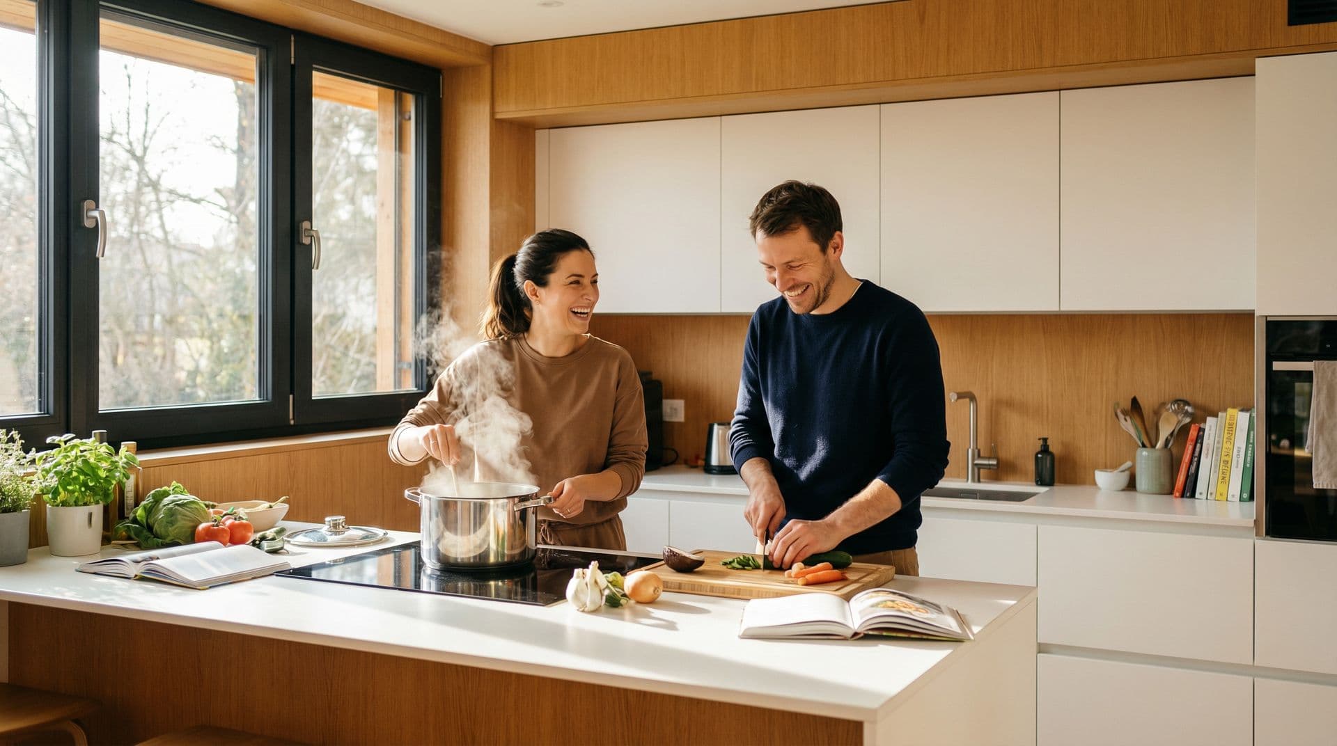 Glückliches Paar kocht in neuer Küche