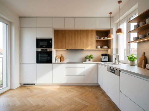 L-Küche mit Holzakzenten — der beliebte Allrounder